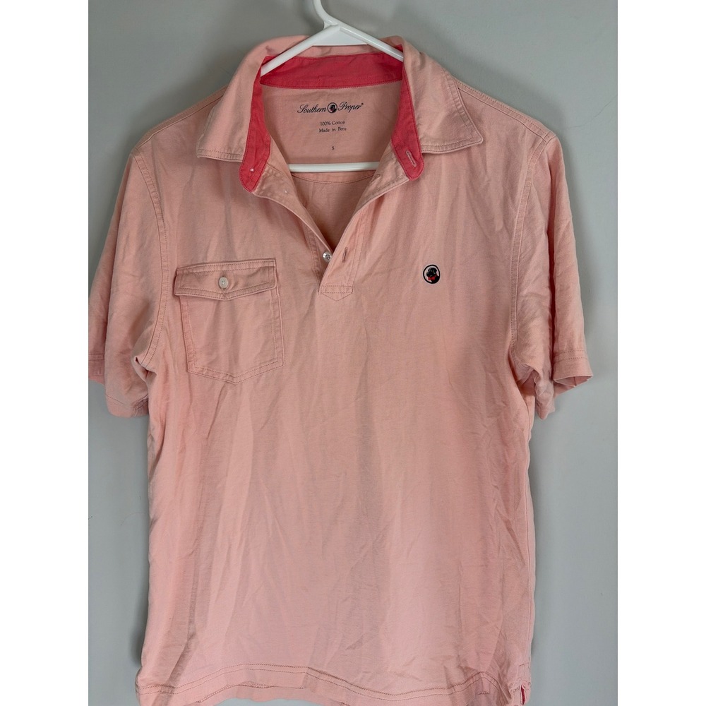 Southern Proper Mens Peach Cotton Short Sleeve Polo Shirt Pink Collar Small